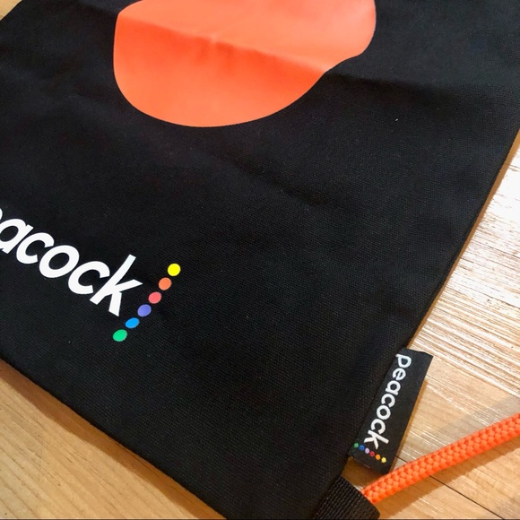 Peacock Branded Black and Orange Canvas Drawstring Tote Backpack - Picture 3 of 5